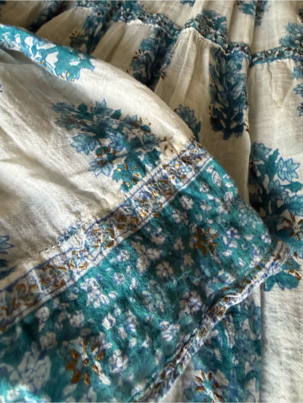 Bohemian Blue Floral Midi Dress vintage block cotton voile - Picture 4 of 4